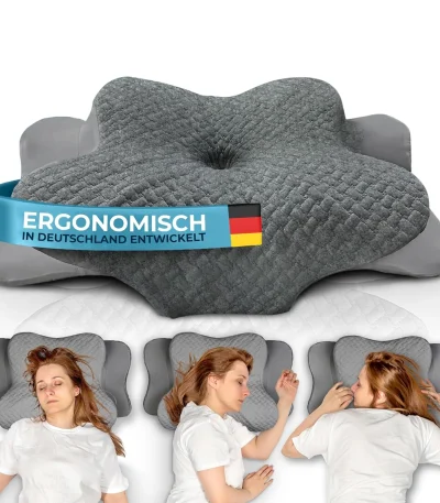 Glückstoff Ergonomisch Kissen voor alle slaaptypes in grijs memory foam met demonstratie van zijligging