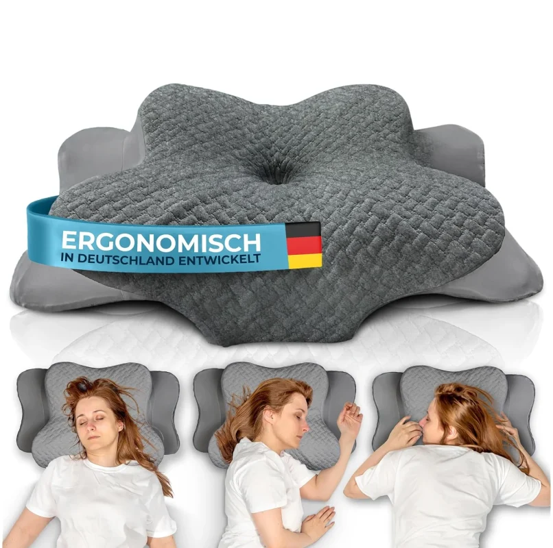 Glückstoff Ergonomisch Kissen voor alle slaaptypes in grijs memory foam met demonstratie van zijligging