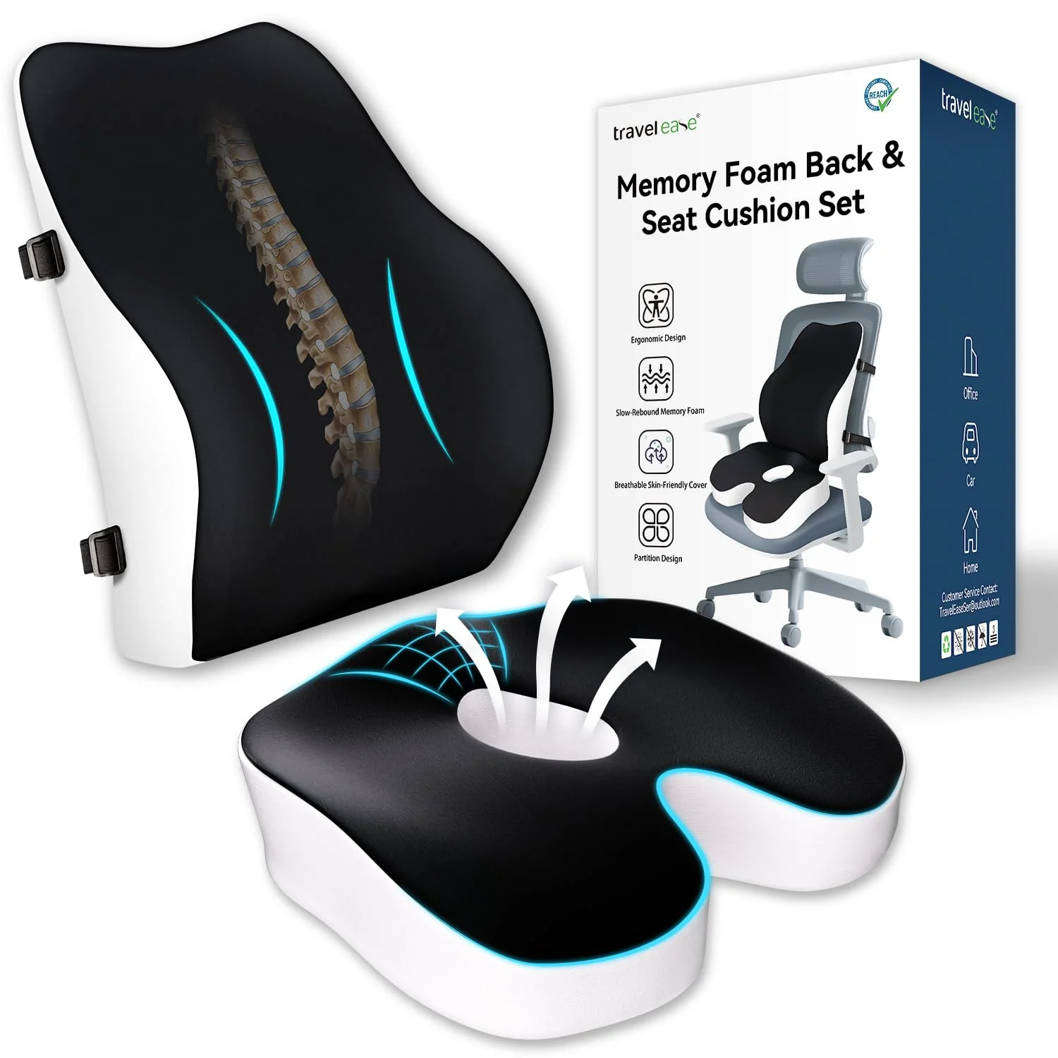 Travel Ease Memory Schaum Sitzkissen Lendenstützkissen Set Ergonomi
